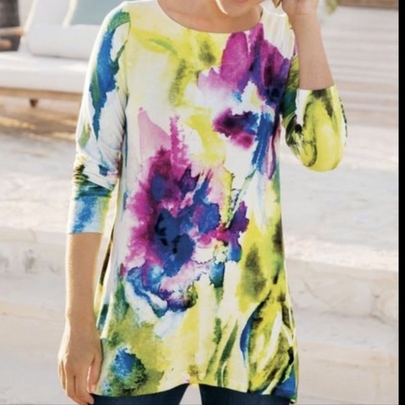 Soft Surroundings Water Colors Slingy floral Paint Brushed Print Boho tunic Top - Picture 1 of 8